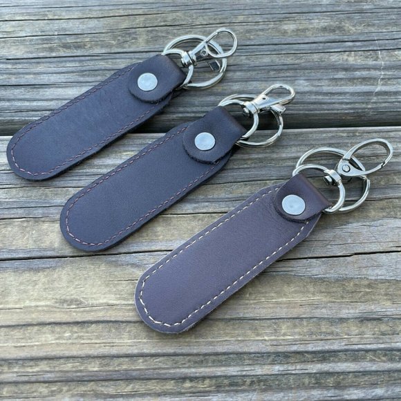Leather Key chain Brown Genuine Leather Keys Holder Handmade Key Rings Set of 3 - Picture 8 of 9